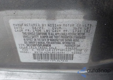 2023 Nissan Versa 1.6 Sr Xtronic Cvt z USA, uszkodzony, nr VIN 3N1CN8FV5PL869838